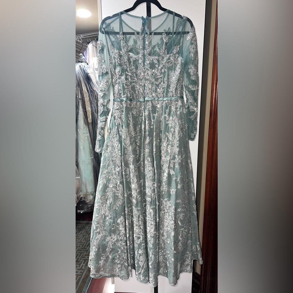 Bow belt illusion teal length evening gown - Picture 8 of 10